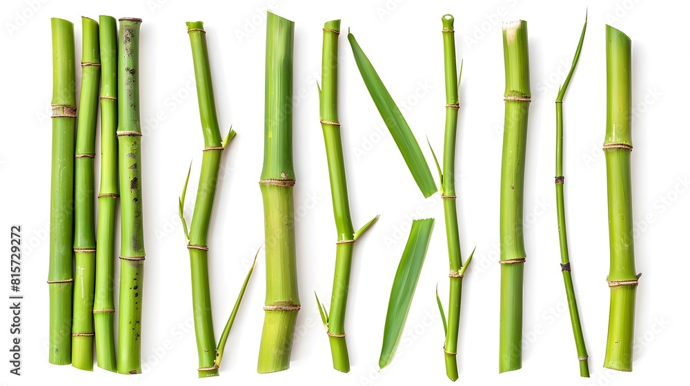 Obraz premium Green bamboo sticks, set sharp stake isolated on white, side view