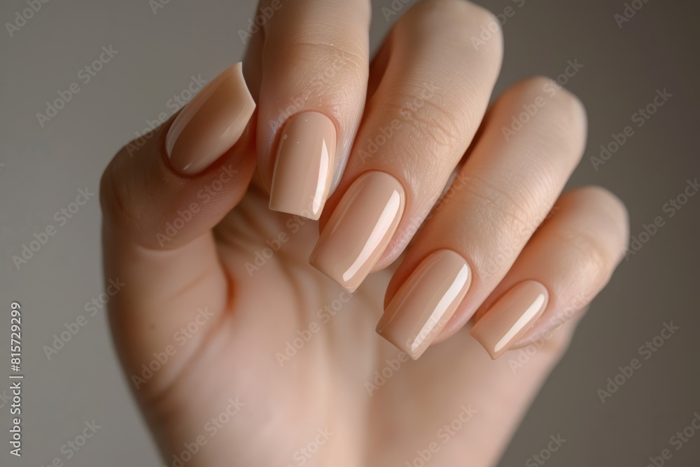 Close-up of a woman's hand with an elegant neutral manicure. Beautiful natural gel nail polish square nails Close-up of a woman's hand with an elegant neutral manicure. Beautiful natural gel nail polish square nails