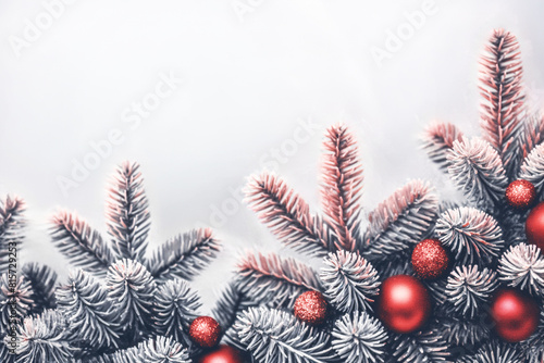 Winter wonderland - frosty christmas tree branches with red ornaments