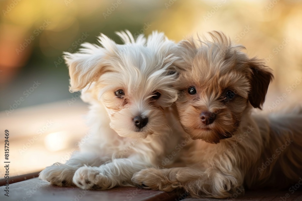 Charming white and brown puppies with fluffy fur cuddling during golden hour Charming white and brown puppies with fluffy fur cuddling during golden hour