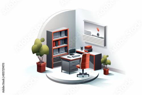 A contemporary office corner design with bold red accents and green plants, offering a fresh and lively atmosphere that stimulates creativity