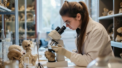 Forensic Female Forensic Anthropologists examining bones in a lab, physical evidence, archaeology and osteology - Skeleton Analysis photo