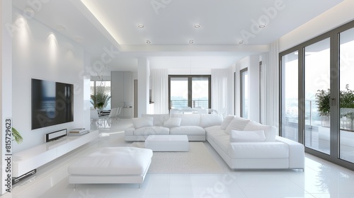 Living room interior design with sofa and TV set in white color theme. AI generated image