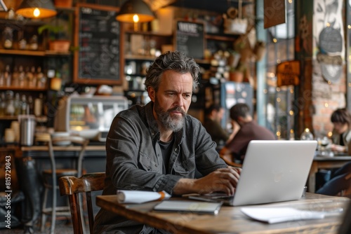 Bearded man using laptop in a cafe.