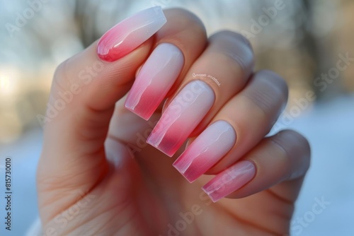 Close-up of a woman s hand with an elegant neutral manicure. Beautiful natural gel nail polish square nails
