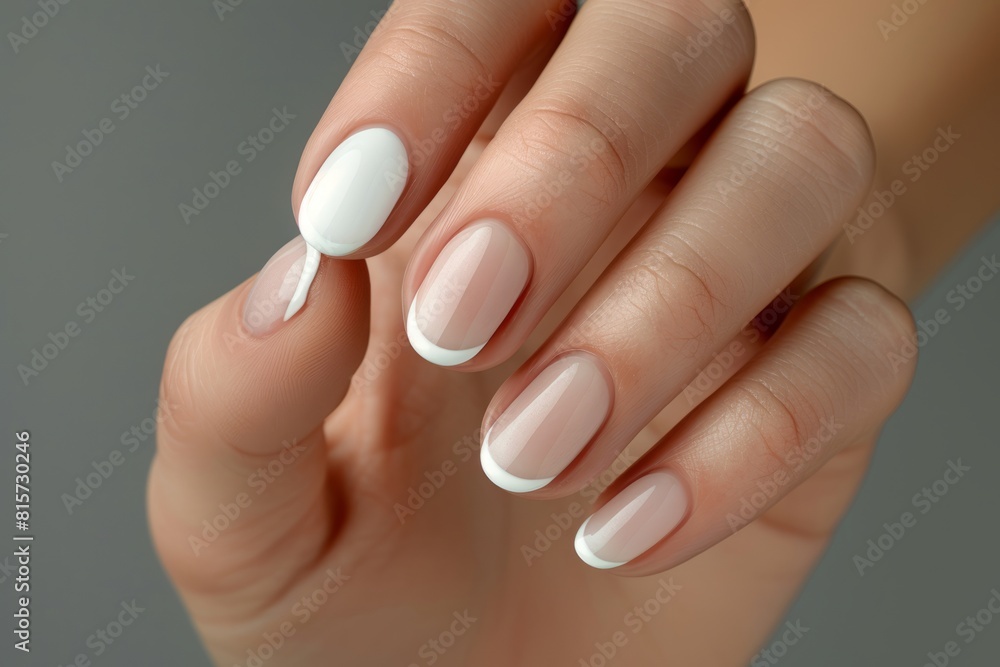 Close-up of a woman's hand with an elegant neutral manicure. Beautiful light pink gel nail polish on rectangular nails Close-up of a woman's hand with an elegant neutral manicure. Beautiful light pink gel nail polish on rectangular nails