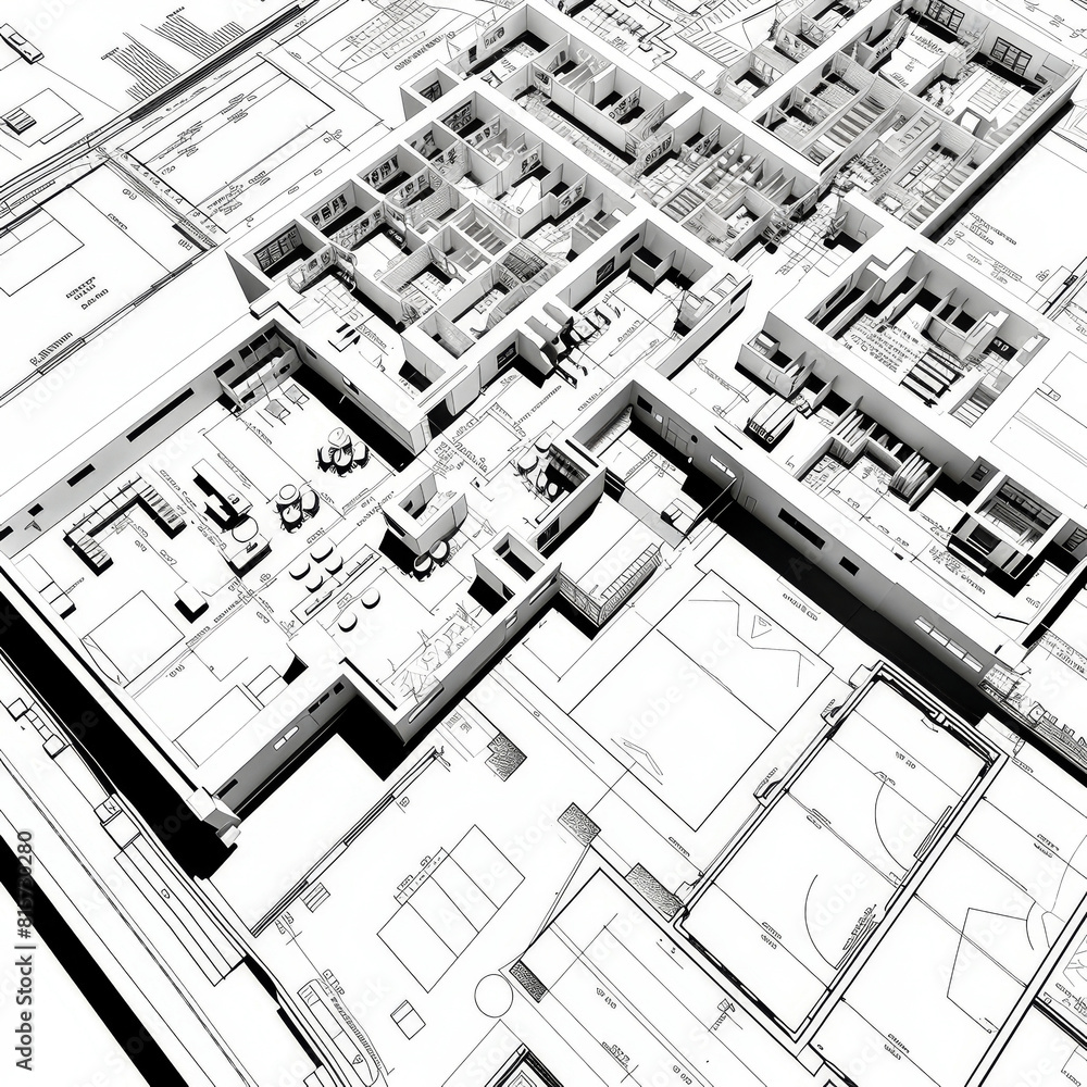 Fototapeta premium A detailed visualization of a building layout in a 3D architectural blueprint