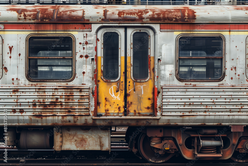 The side doors on an old, rusty subway train with graffiti The side doors on an old, rusty subway train with graffiti