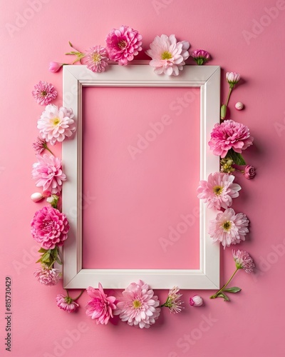 White frame with pink flowers on pink background. Flat lay, top view