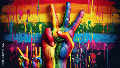 Hand mit drei ausgestreckten Fingern in Regenbogenfarben, Acry, Vorlage, CSD, Prise photo