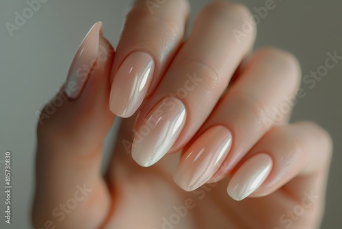 Close-up of a woman s hand with an elegant neutral manicure. Beautiful light pink gel nail polish on rectangular nails
