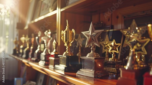 Sunlight glinting off a collection of awards on a shelf, highlighting past successes