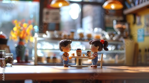 Two adorable tiny characters engage in a conversation about important matters in a miniature coffee shop