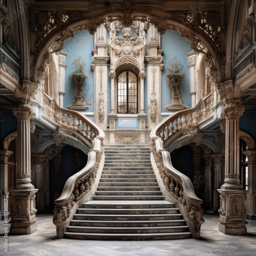 Curving staircase with ornate decorations leading up to a large window in an abandoned building.