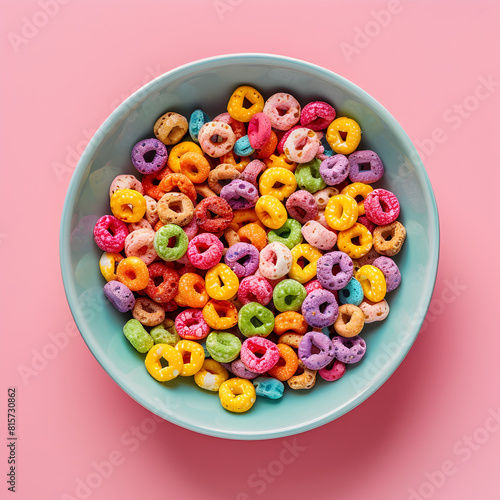 Colorful cereal on a pink background  view from above. aesthetic images.