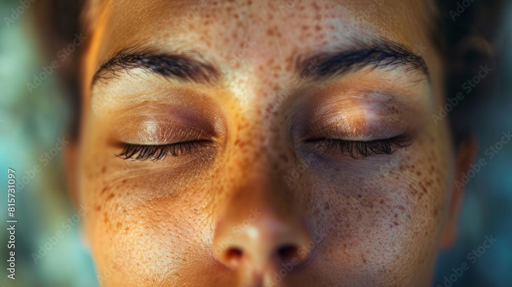 Close-up of a yogis face in childs pose, conveying surrender and vulnerability Close-up of a yogis face in childs pose, conveying surrender and vulnerability