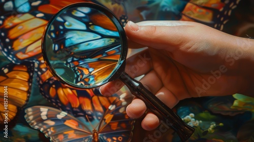 Close-up of a childs hands clutching a magnifying glass, examining a vibrant butterfly wing in detail