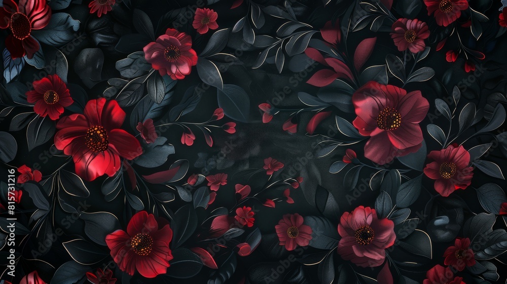 Dark floral background with red blooms Dark floral background with red blooms
