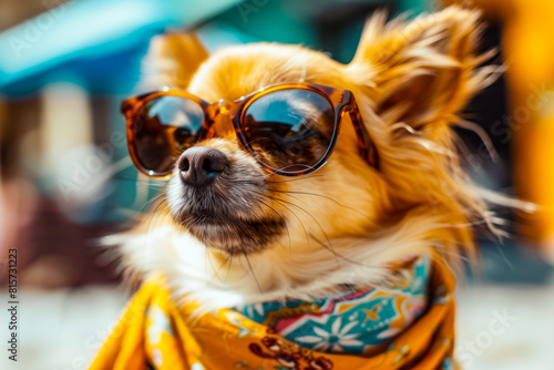 Close-up of a fashionable chihuahua dog wearing sunglasses and a scarf, oozing coolness