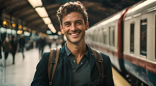 Junger Pendler wartet am Bahnsteig auf die nächste Bahn photo