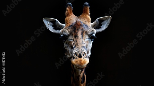 Closeup of giraffe on black background with copy space. AI generated image