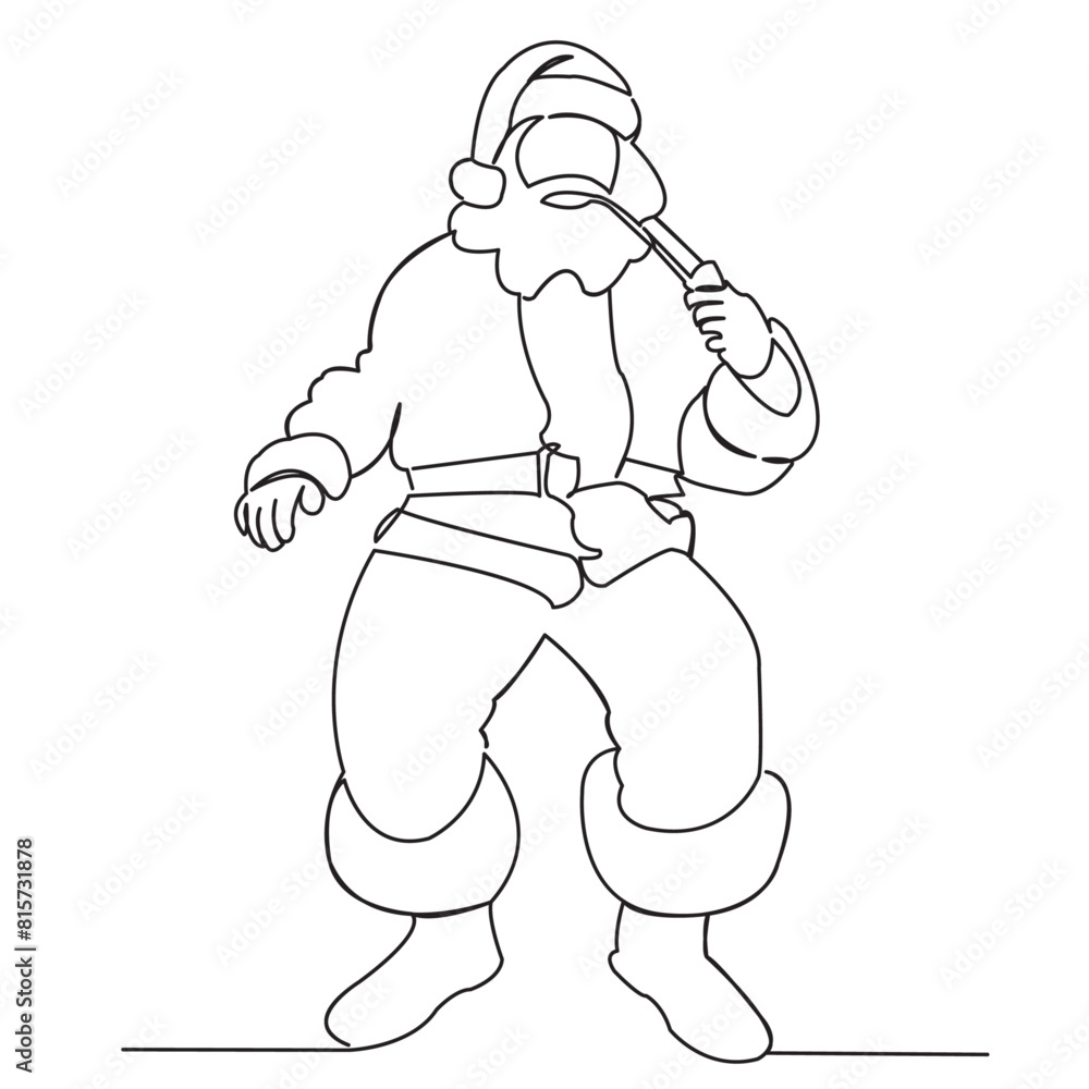 Fototapeta premium one line, one, continuous, holiday, vector, illustration, christmas, santa, cartoon, merry, hat, celebration, winter, design, greeting, claus, new, xmas, year, character, decoration, element, card, ic
