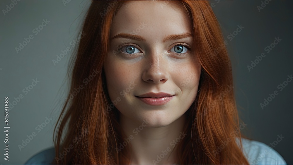 Naklejka premium Radiant Young Woman with Red Hair and Blue Eyes: Captivating Portrait.