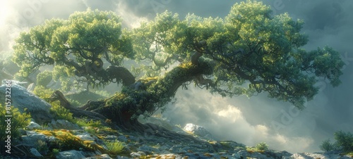 Majestic tree with a twisted trunk and lush green canopy basking in ethereal sunlight  amidst a rocky terrain shrouded in mist.