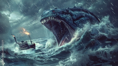 Creepy sea monster wide open mouth going to swallow ship in stormy sea © HPMP Studio