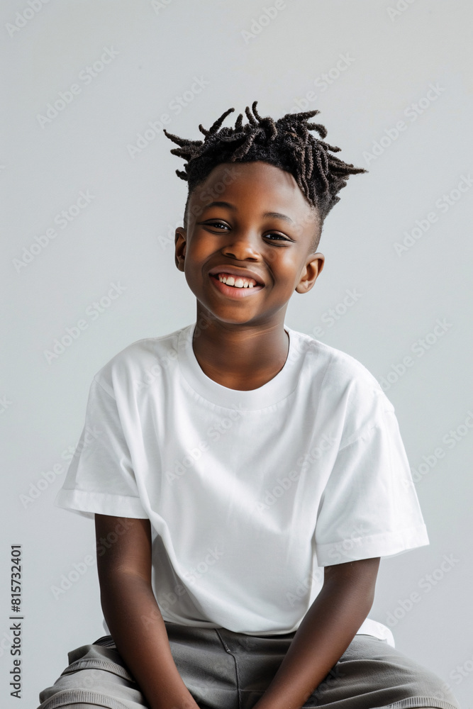 A young african american boy wearing a white oversize t-shirt, grey background, mockup A young african american boy wearing a white oversize t-shirt, grey background, mockup