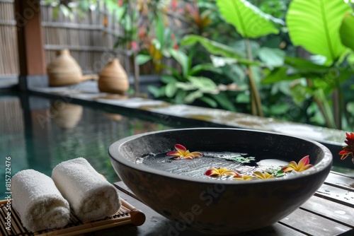 Peaceful spa ambiance with a flower-filled water bowl and fresh towels by a serene poolside