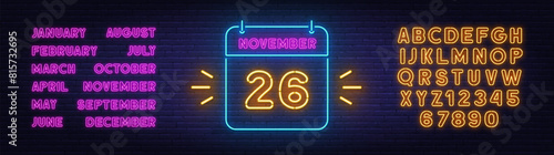 Neon Calendar Sign on brick wall background.