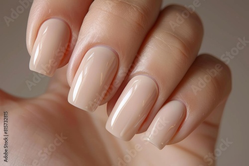 Close-up of a woman s hand with an elegant neutral manicure. Beautiful light pink gel nail polish on rectangular nails