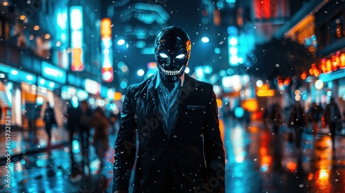 Stylish man in black suit and neon cyberpunk mask in future night city. AI generated image © artpray
