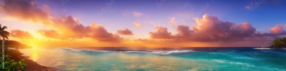 An idyllic tropical scene at dusk, the sky ablaze with the golden light of sunset, casting a warm glow over the abstract ocean waves. An idyllic tropical scene at dusk, the sky ablaze with the golden light of sunset, casting a warm glow over the abstract ocean waves.