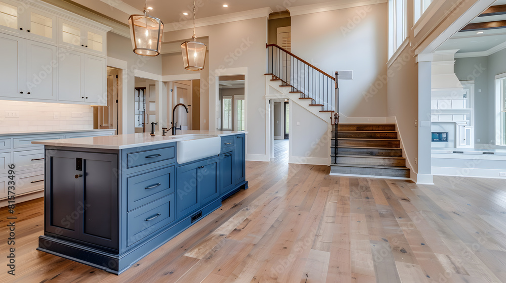 Kitchen and living room interior in new luxury home with open concept ...