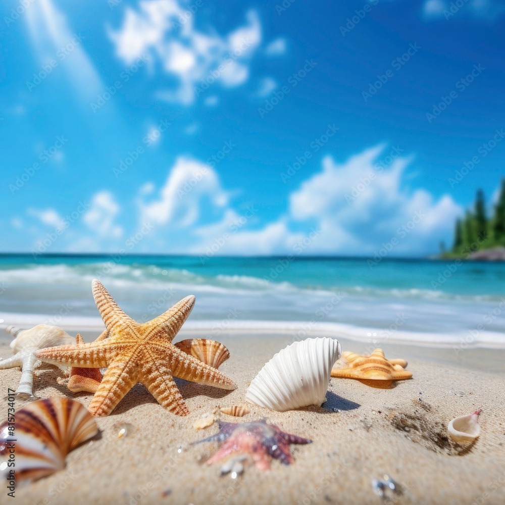 summer beach scene with beach view, some sea snails on beach sand star fish and a behind view with beach wave summer beach scene with beach view, some sea snails on beach sand star fish and a behind view with beach wave