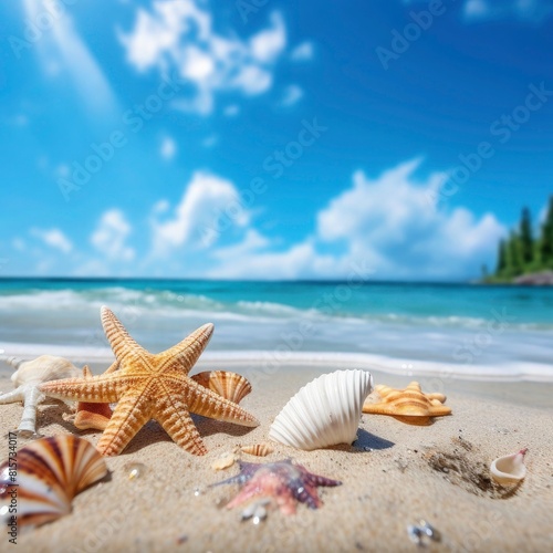 summer beach scene  with beach view  some sea snails on beach sand star fish and a behind view with beach wave 