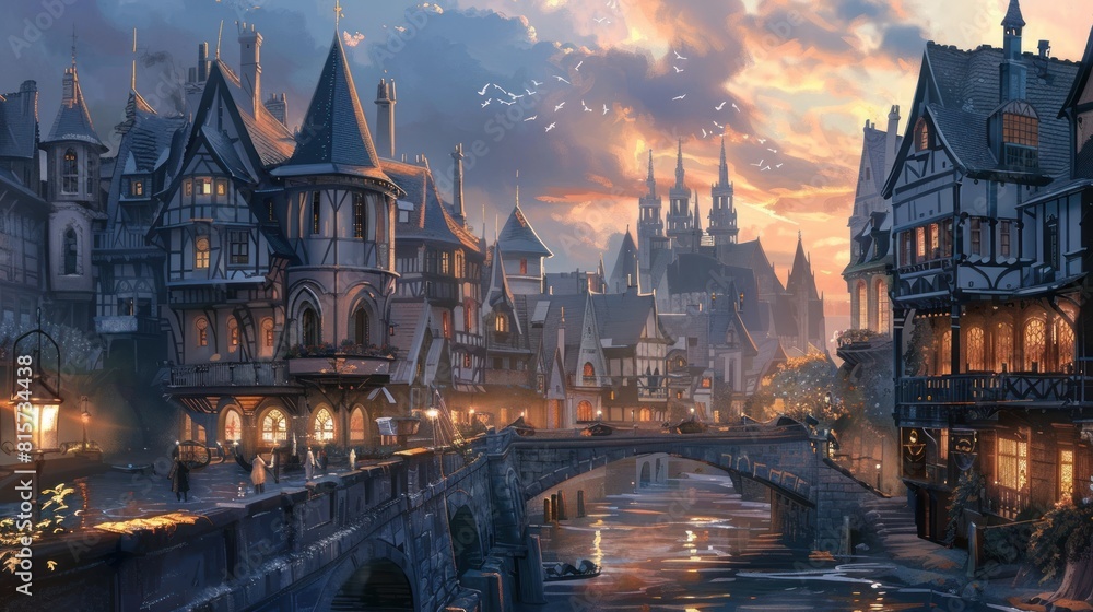 Fototapeta premium Medieval cityscape, 3D digital art style AI Generated image