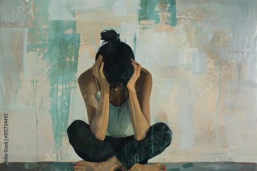 Painting of a woman sitting on the ground with her hands on her head