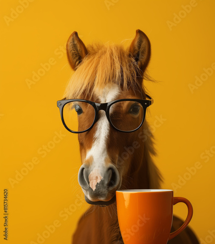 A horse wearing glasses holding an orange coffee cup against a bright yellow background, combining humor and charm