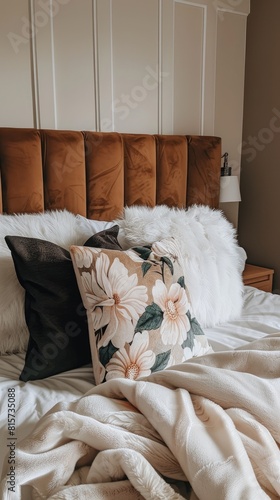 a plush velvet bed adorned with a gray and mustard yellow flower pattern, complemented by a bipartite continuity pattern plush blanket and white furry pillows at both ends. photo