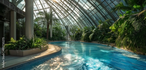 An office building's winter garden pool, encased in a glass dome to allow year-round use, with tropical plants and a climate-controlled environment making it a warm escape during colder months.  photo