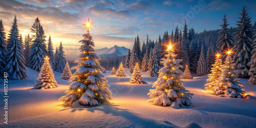 A snow-covered landscape illuminated by the soft glow of enchanting Christmas trees  evoking a sense of peace and wonder 