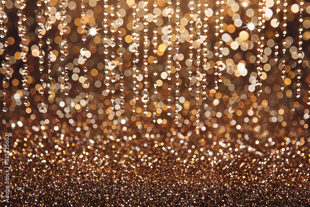 A shimmering gold background covered in glitter with sparkling bokeh lights scattered throughout