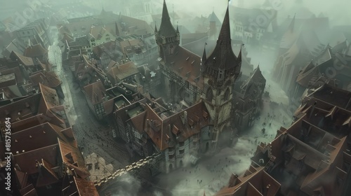 Aerial view of medieval urban building  digital painting style AI Generated Image