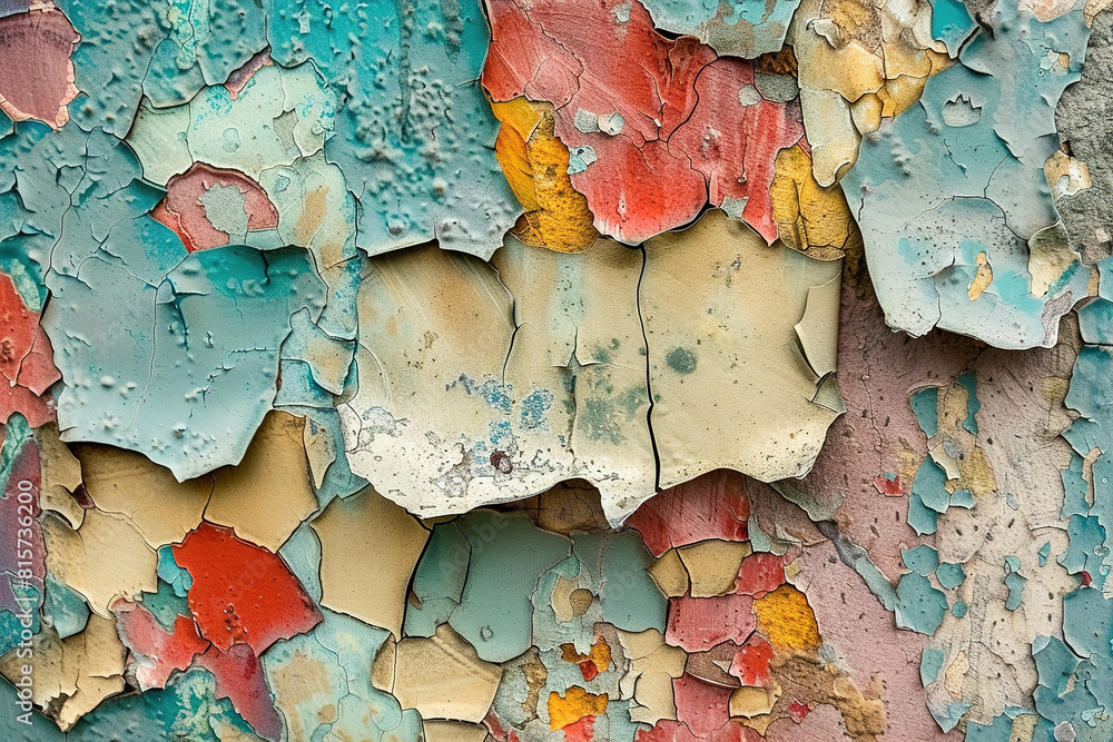 The image depicts peeling paint on a weathered wall, with layers of paint visibly cracking and peeling off The image depicts peeling paint on a weathered wall, with layers of paint visibly cracking and peeling off
