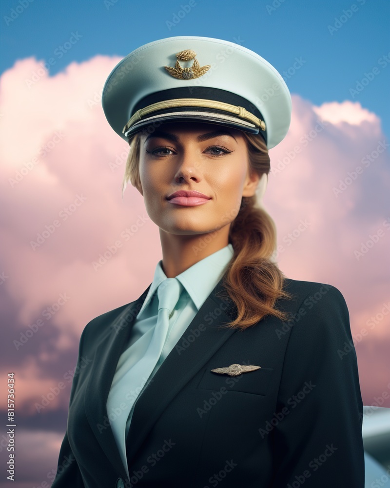 Beautiful stewardess against sky background. Ai Generative Beautiful stewardess against sky background. Ai Generative