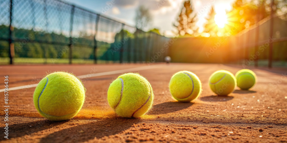 A serene image of tennis balls resting on the clay surface of a tennis court, symbolizing tranquility 