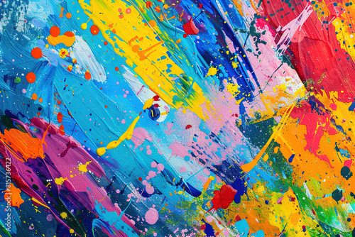 This close-up view captures an abstract painting filled with vibrant and colorful paint splatters